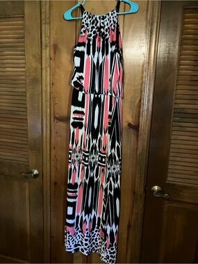 London Style Coral, Black & White Printed Maxi Dress
